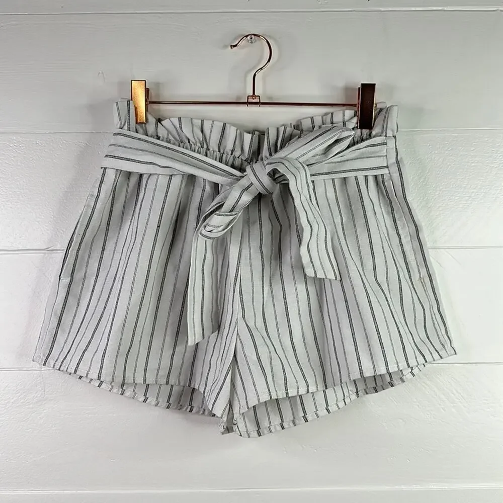 TEA MINTS White Black Striped Linen Elastic Tie Waist Shorts Size‎ Small
